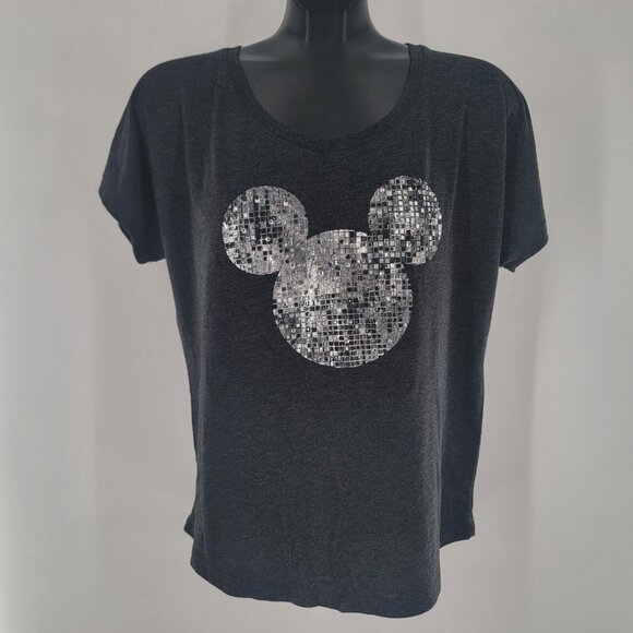 Disney Womens Small Gray Mickey Mouse Sequins Parks Short Sleeve Top Oversized - Picture 1 of 4